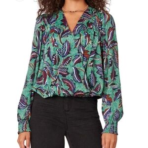 Democracy Teal and Purple Leaf Print Blouse